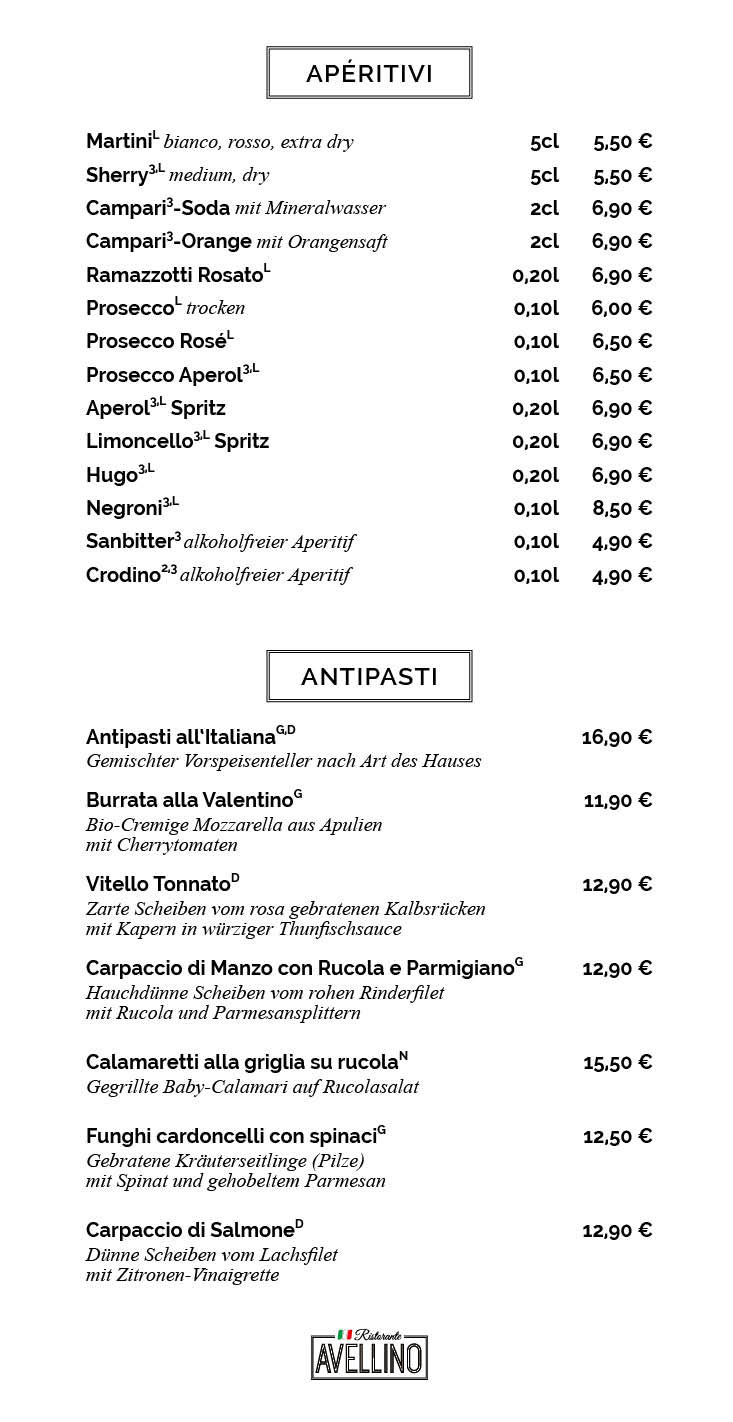 Ristorante Avellino Berlin - Pankow Speisekarte